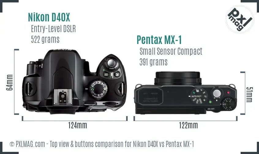 Nikon D40X vs Pentax MX-1 top view buttons comparison