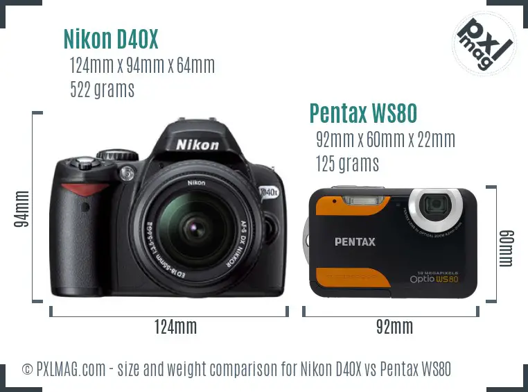 Nikon D40X vs Pentax WS80 size comparison