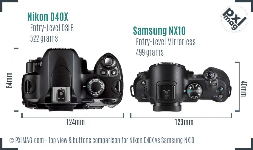 Nikon D40X vs Samsung NX10 top view buttons comparison