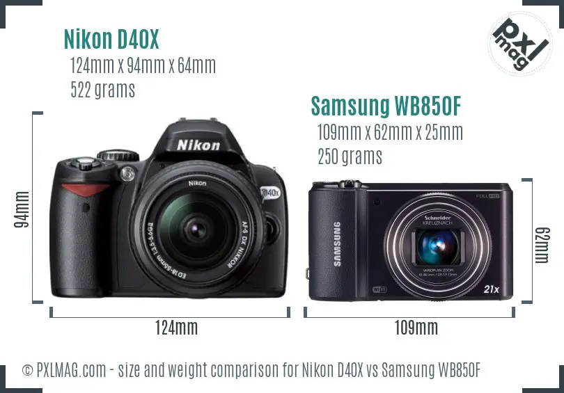 Nikon D40X vs Samsung WB850F size comparison