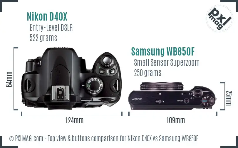 Nikon D40X vs Samsung WB850F top view buttons comparison