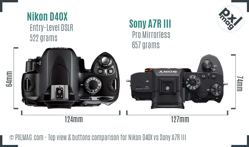 Nikon D40X vs Sony A7R III top view buttons comparison