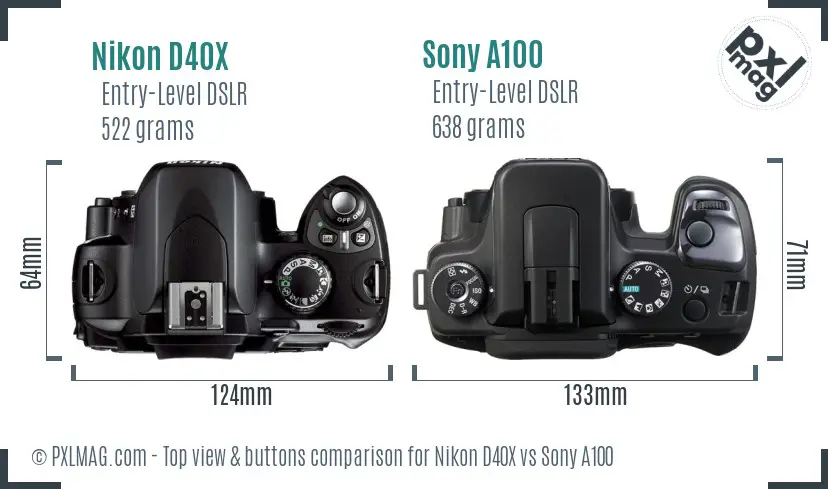Nikon D40X vs Sony A100 top view buttons comparison