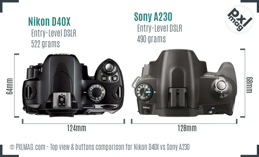 Nikon D40X vs Sony A230 top view buttons comparison