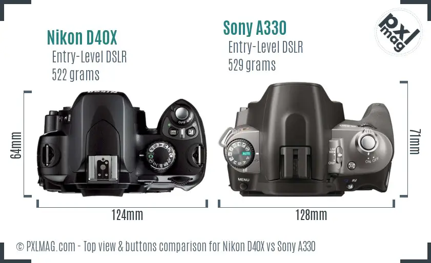 Nikon D40X vs Sony A330 top view buttons comparison