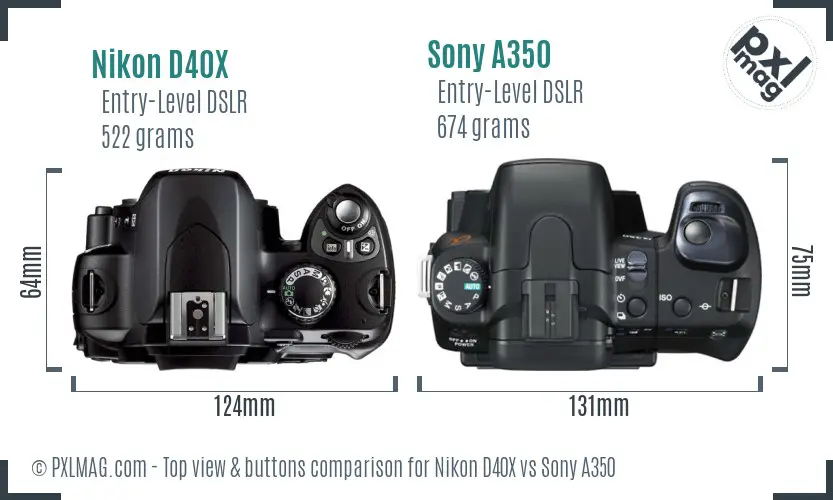 Nikon D40X vs Sony A350 top view buttons comparison