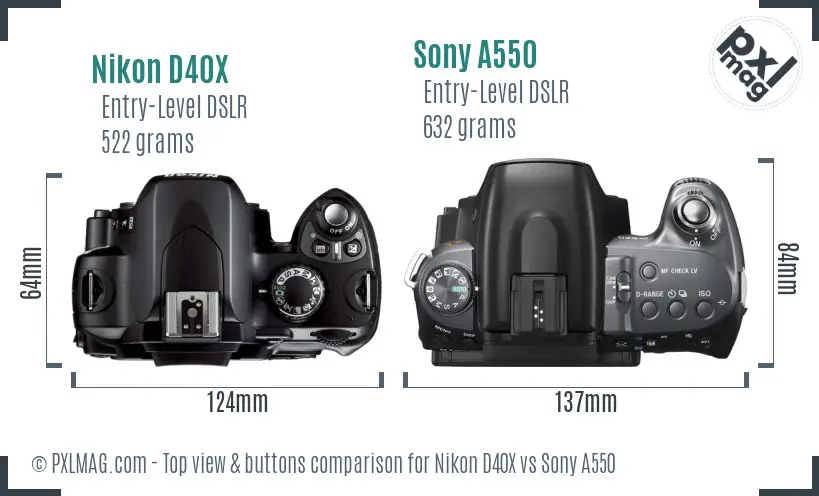 Nikon D40X vs Sony A550 top view buttons comparison