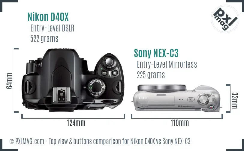 Nikon D40X vs Sony NEX-C3 top view buttons comparison