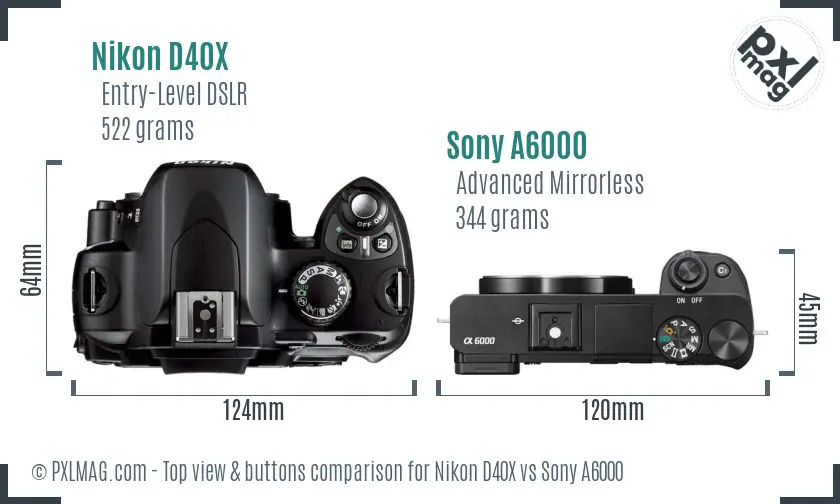 Nikon D40X vs Sony A6000 top view buttons comparison
