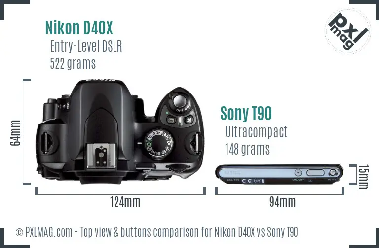 Nikon D40X vs Sony T90 top view buttons comparison
