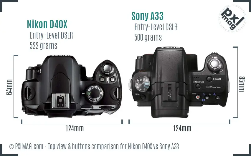 Nikon D40X vs Sony A33 top view buttons comparison