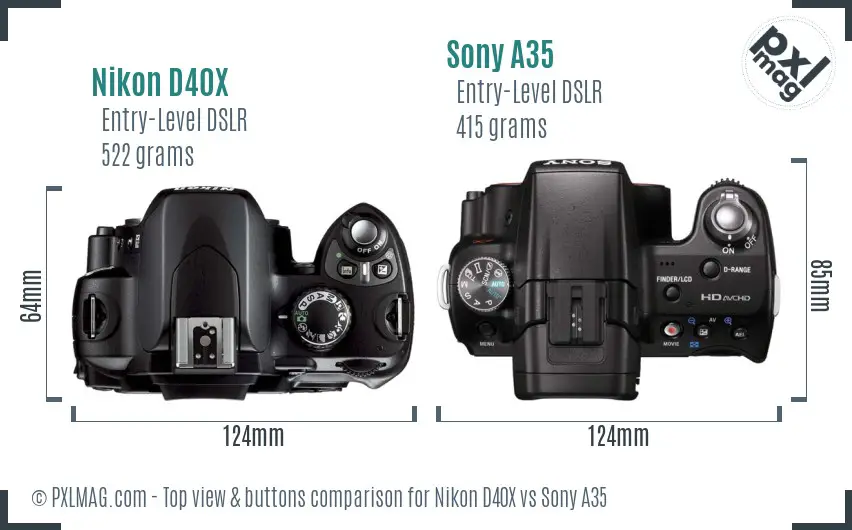 Nikon D40X vs Sony A35 top view buttons comparison