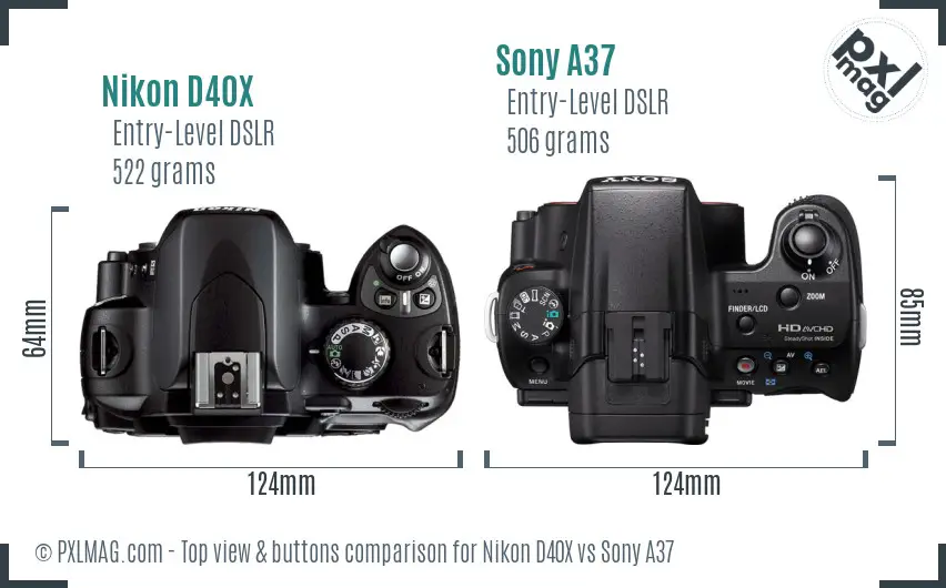 Nikon D40X vs Sony A37 top view buttons comparison