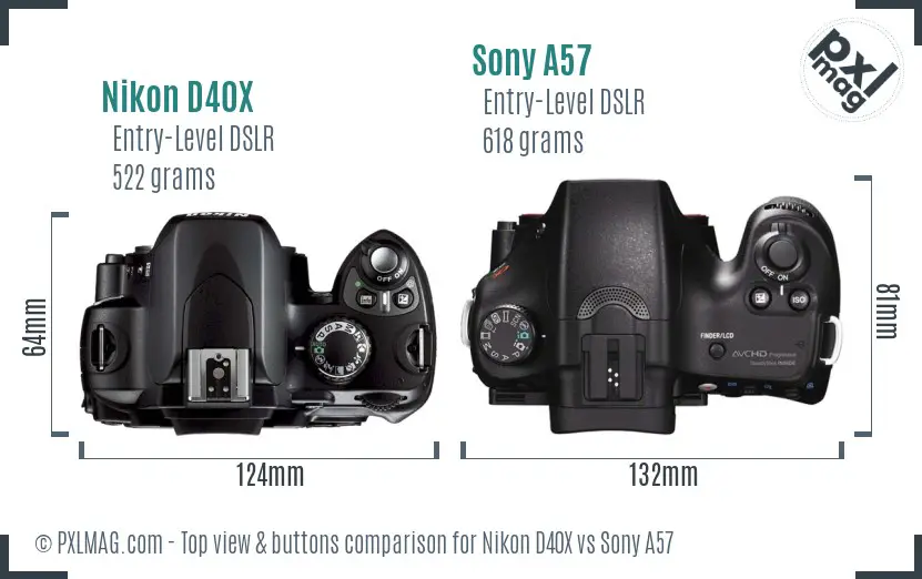 Nikon D40X vs Sony A57 top view buttons comparison