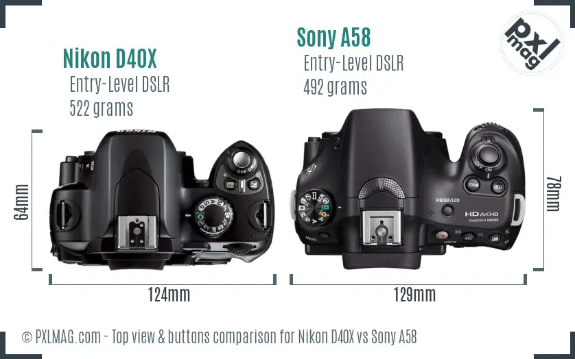 Nikon D40X vs Sony A58 top view buttons comparison