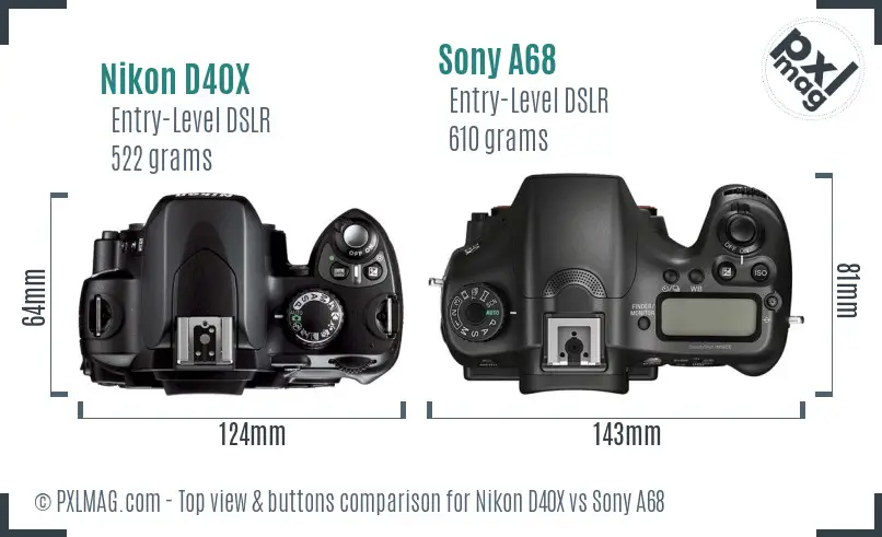 Nikon D40X vs Sony A68 top view buttons comparison