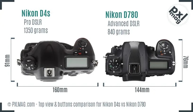 Nikon D4s vs Nikon D780 top view buttons comparison Nikon D4s vs Nikon D780 top view buttons comparison
