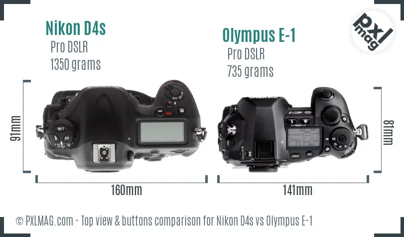 Nikon D4s vs Olympus E-1 top view buttons comparison