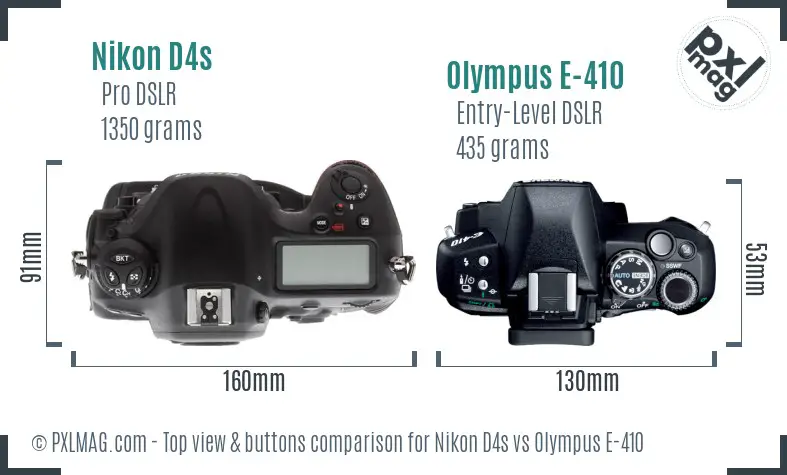 Nikon D4s vs Olympus E-410 top view buttons comparison