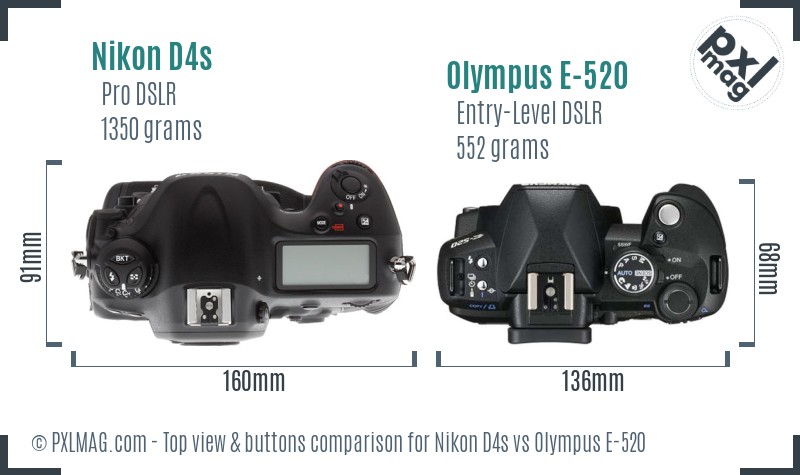Nikon D4s vs Olympus E-520 top view buttons comparison