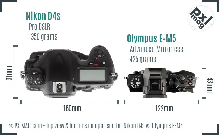 Nikon D4s vs Olympus E-M5 top view buttons comparison
