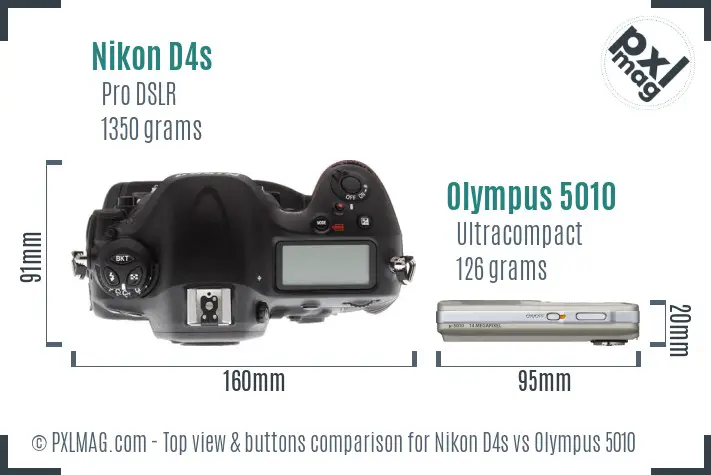 Nikon D4s vs Olympus 5010 top view buttons comparison