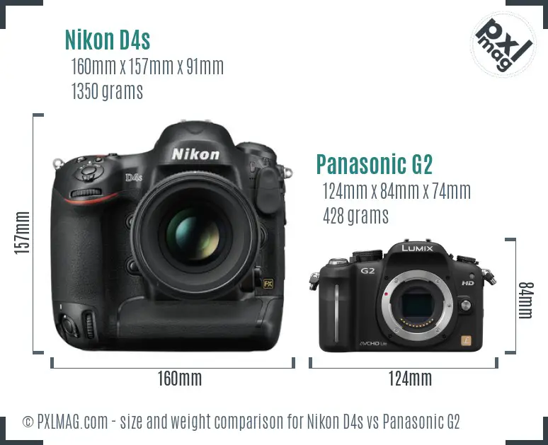 Nikon D4s vs Panasonic G2 size comparison