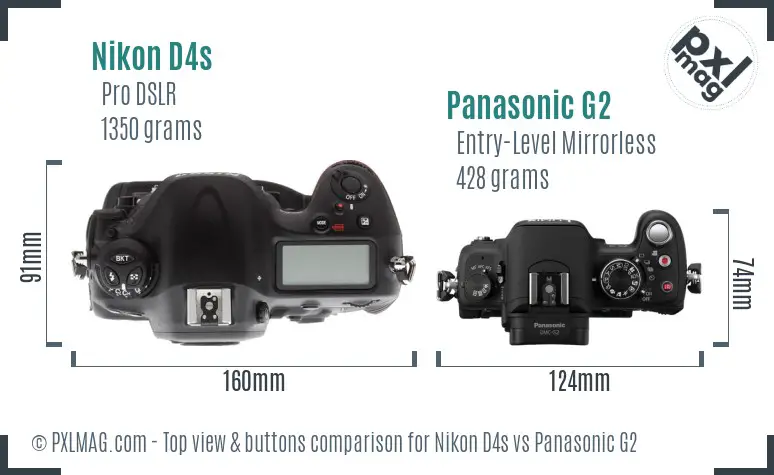 Nikon D4s vs Panasonic G2 top view buttons comparison