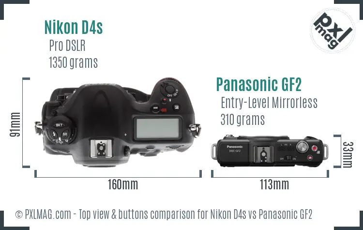 Nikon D4s vs Panasonic GF2 top view buttons comparison