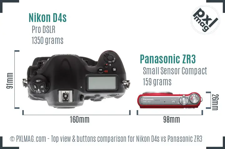 Nikon D4s vs Panasonic ZR3 top view buttons comparison