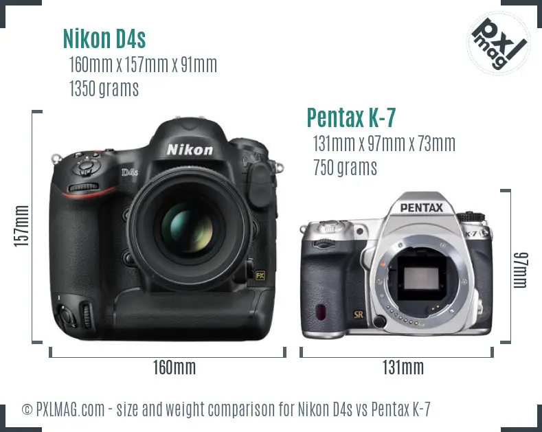 Nikon D4s vs Pentax K-7 size comparison