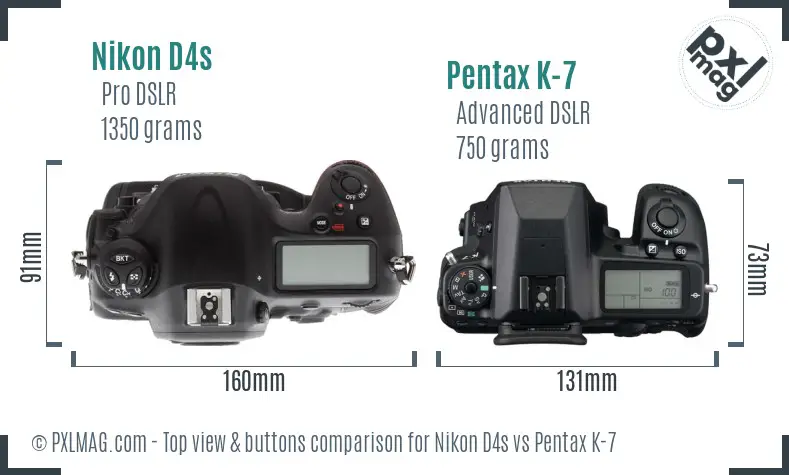 Nikon D4s vs Pentax K-7 top view buttons comparison