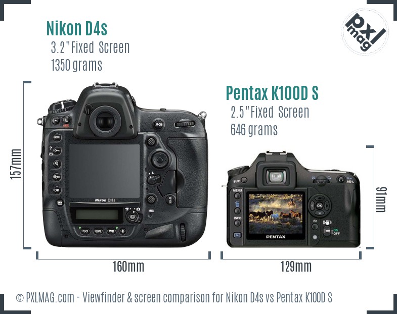 Nikon D4s vs Pentax K100D S Screen and Viewfinder comparison