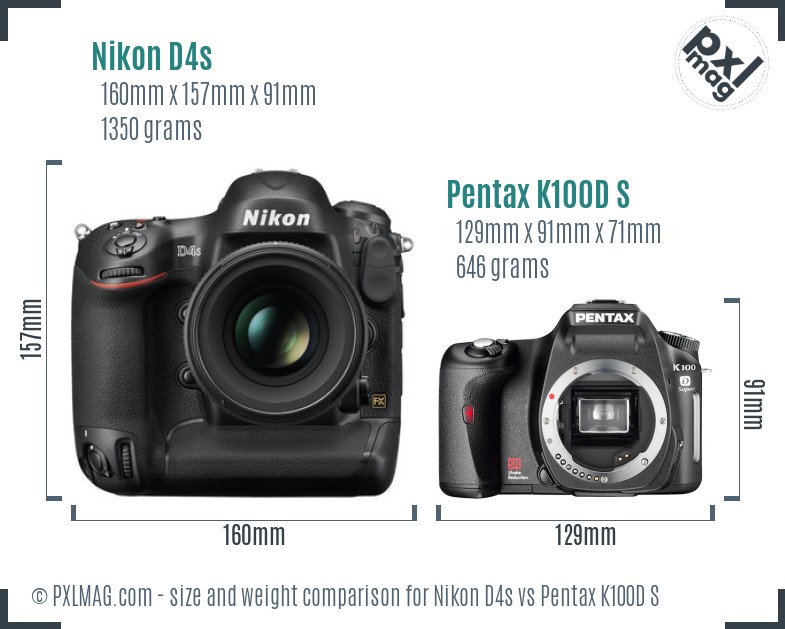 Nikon D4s vs Pentax K100D S size comparison Nikon D4s vs Pentax K100D S size comparison