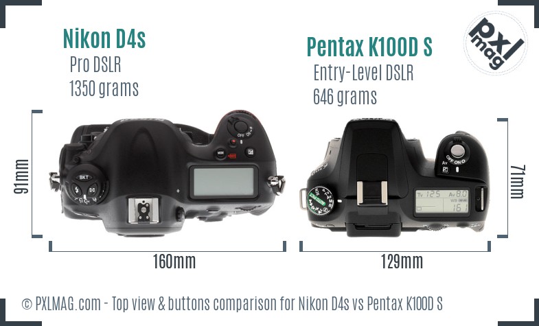 Nikon D4s vs Pentax K100D S top view buttons comparison