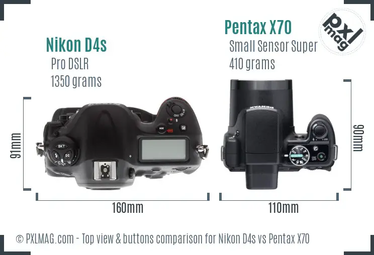 Nikon D4s vs Pentax X70 top view buttons comparison
