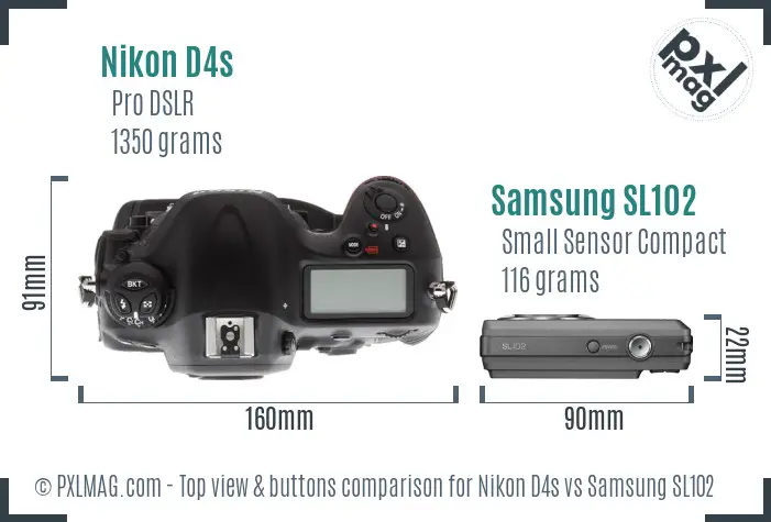 Nikon D4s vs Samsung SL102 top view buttons comparison