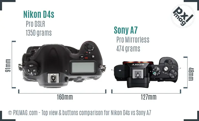 Nikon D4s vs Sony A7 top view buttons comparison