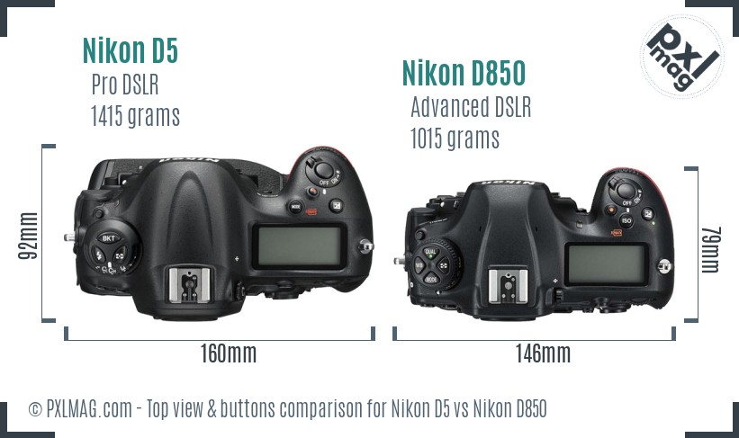 Nikon D5 vs Nikon D850 top view buttons comparison