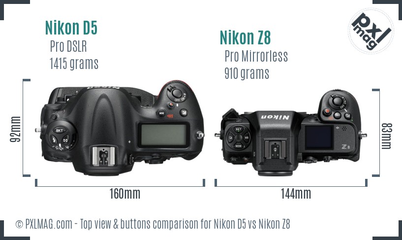 Nikon D5 vs Nikon Z8 top view buttons comparison