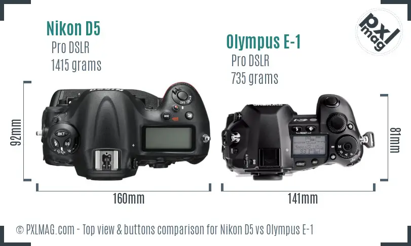 Nikon D5 vs Olympus E-1 top view buttons comparison
