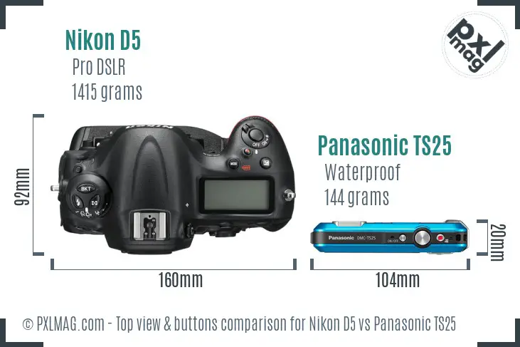 Nikon D5 vs Panasonic TS25 top view buttons comparison