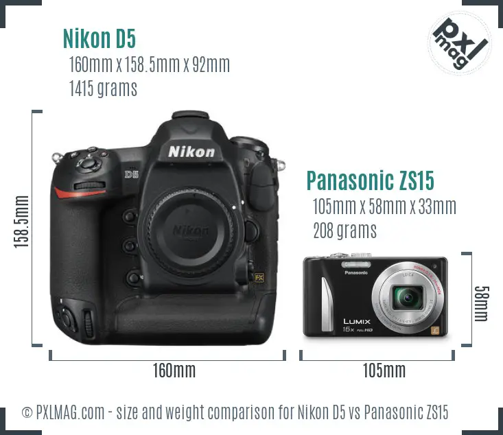 Nikon D5 vs Panasonic ZS15 size comparison
