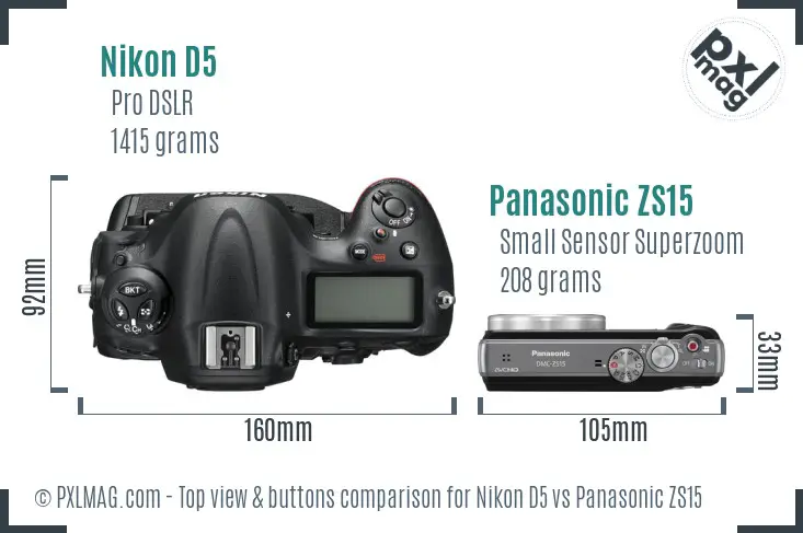 Nikon D5 vs Panasonic ZS15 top view buttons comparison