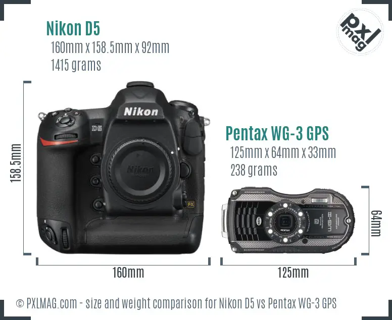 Nikon D5 vs Pentax WG-3 GPS size comparison
