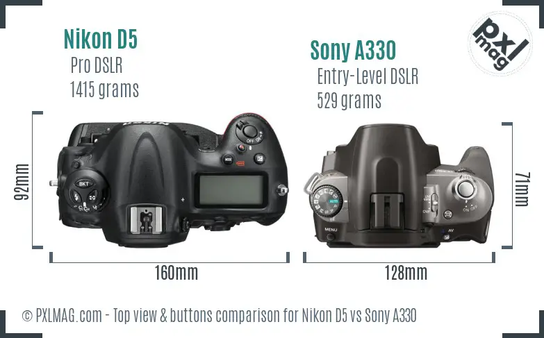 Nikon D5 vs Sony A330 top view buttons comparison