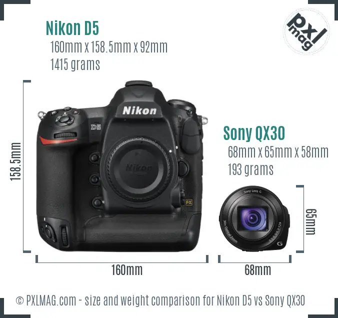 Nikon D5 vs Sony QX30 size comparison