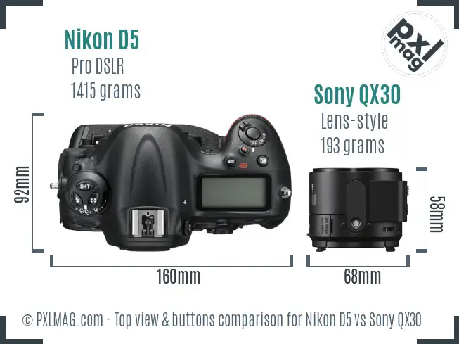 Nikon D5 vs Sony QX30 top view buttons comparison