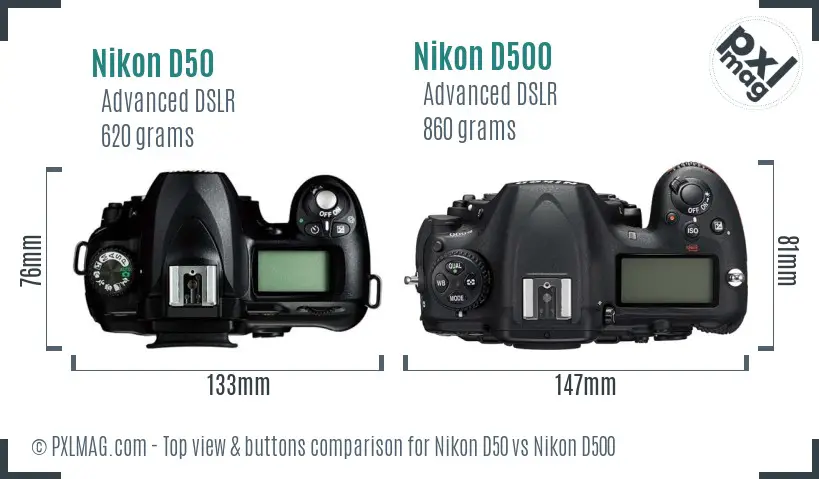 Nikon D50 vs Nikon D500 top view buttons comparison