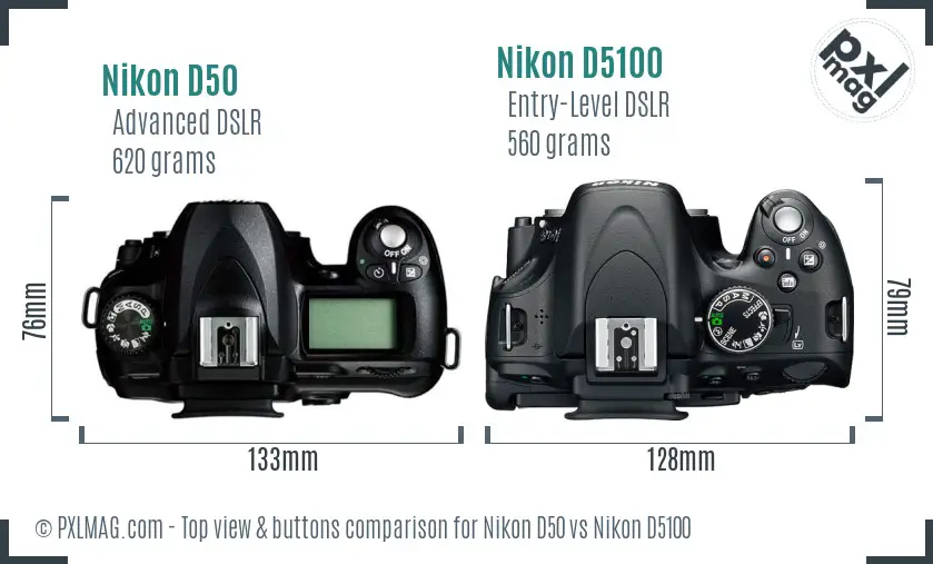 Nikon D50 vs Nikon D5100 top view buttons comparison